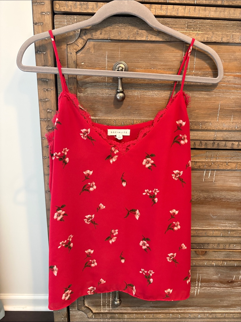 Socialite Red Floral Lace-Trim Camisole Top